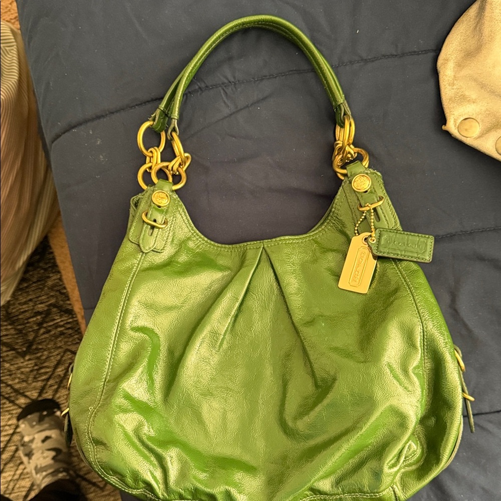 Coach Green Leather Shoulder Bag with Gold Accents